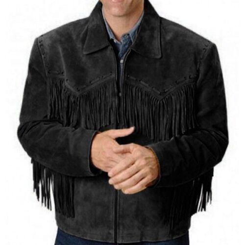 Men's Western Black Suede Leather Fringe Jacket MW867