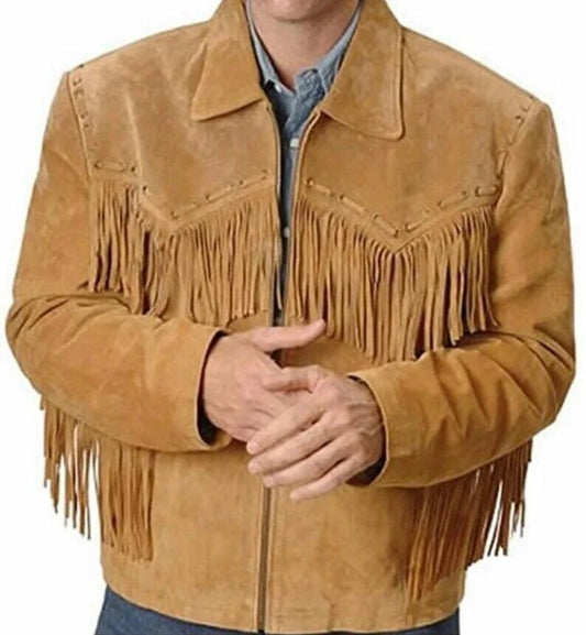 Men's Western Golden Suede Leather Fringes Jacket MW869