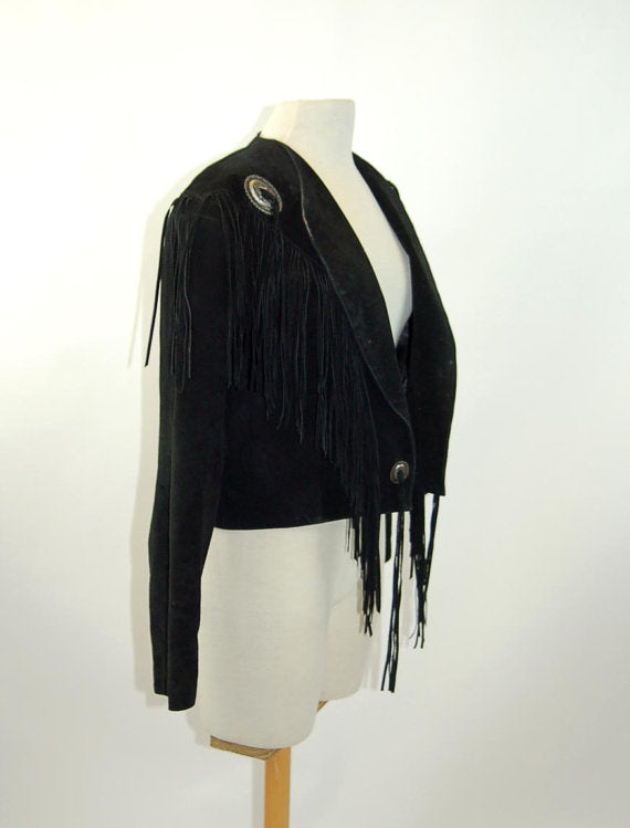 Cowgirl's Black Suede Leather Fringe Short Body Jacket WWJ534