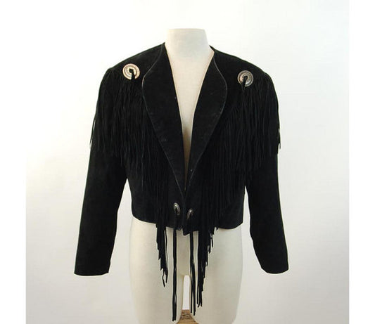 Cowgirl's Black Suede Leather Fringe Short Body Jacket WWJ534