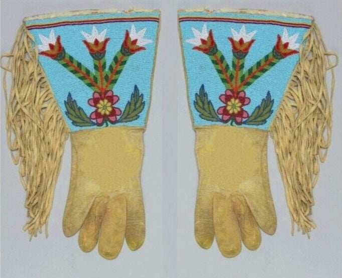 Old Native American Style Handmade Sioux Beaded Leather Gauntlet Gloves NGV92