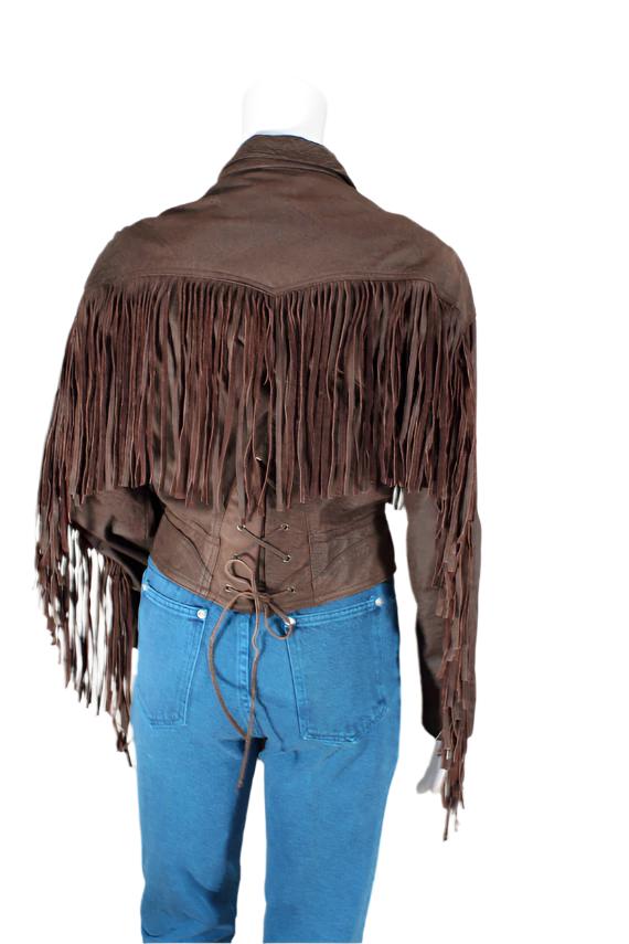 Brown Leather Fringe Jacket Short Body For Women WWJ627