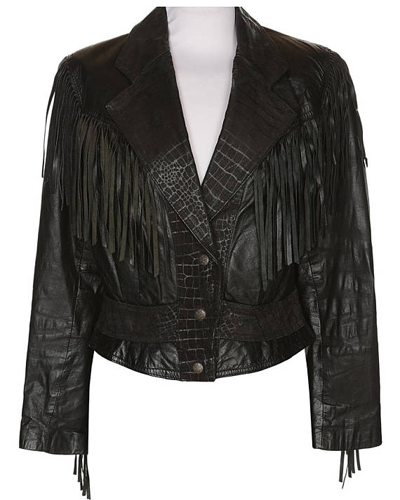 Crocodile Texture Black Leather Fringe Jacket For Women WWJ535