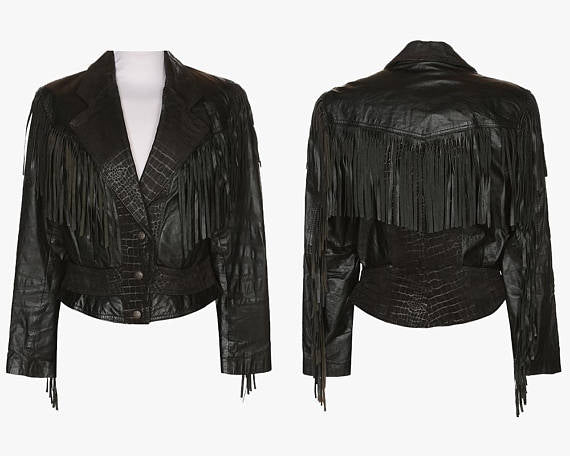 Crocodile Texture Black Leather Fringe Jacket For Women WWJ535