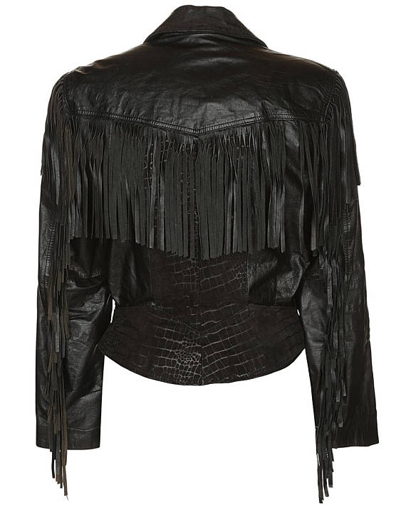 Crocodile Texture Black Leather Fringe Jacket For Women WWJ535