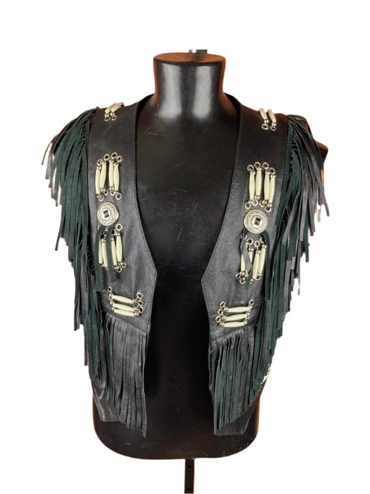 Cowgirl's Western Black Leather Fringe Bone Work Vest CGV447