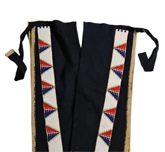 Native American Style Fringe Beaded Black Leather Chaps Leggings NCP150