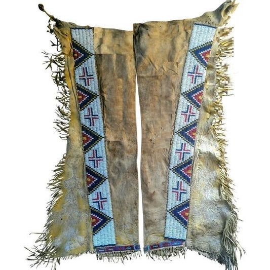 Native American Style Fringe Beaded Beige Leather Chaps Leggings NCP154