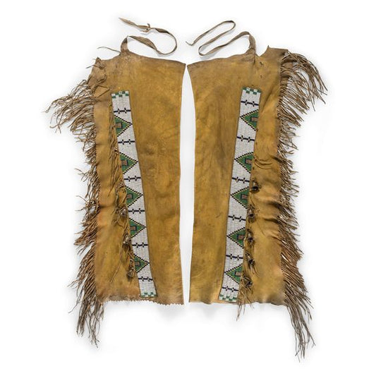 Native American Style Fringe Beaded Tan Leather Chaps Leggings NCP155