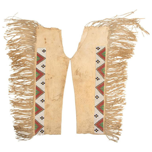 Native American Style Fringe Beaded Beige Leather Chaps Leggings NCP161