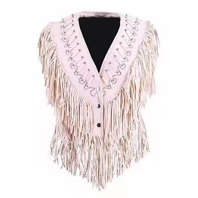 Cowgirl's Western Beige Leather Fringe Vest CGV501