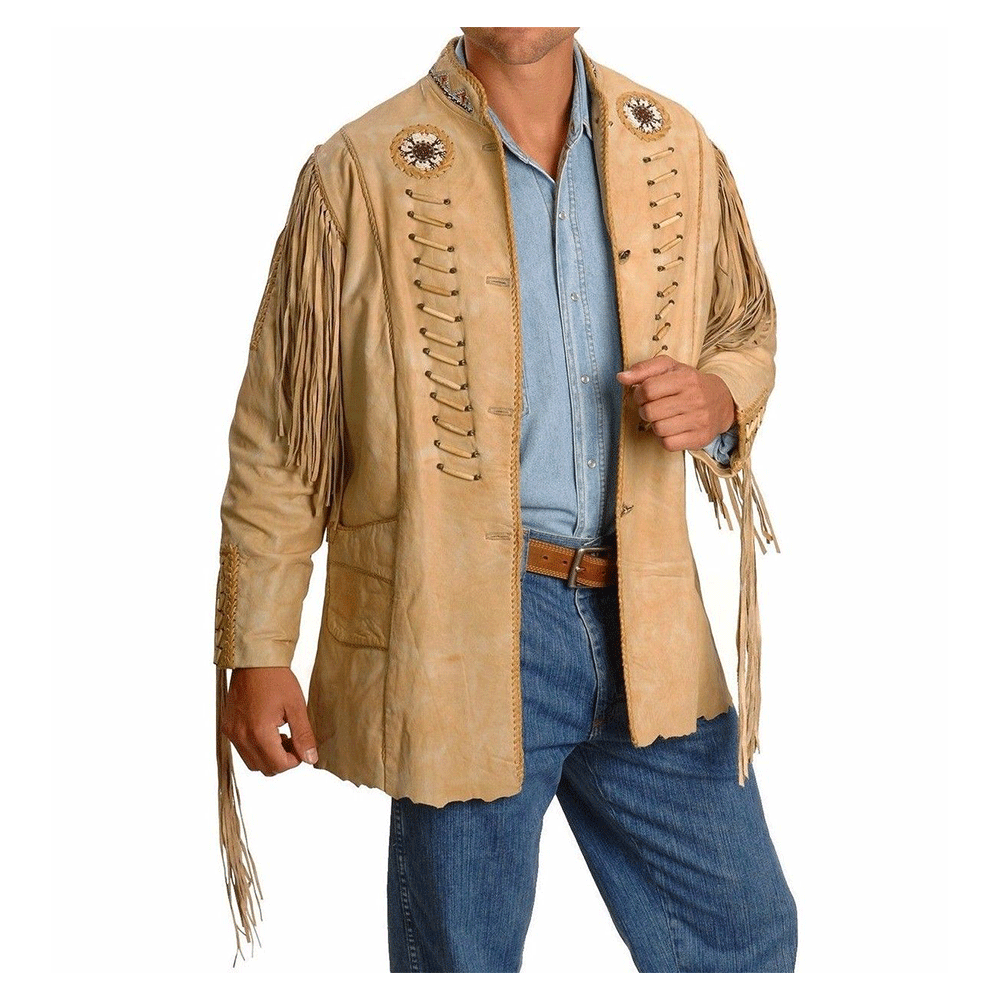 Men's Western Natural Beige Leather Jacket Fringe Bead Bone work MW820