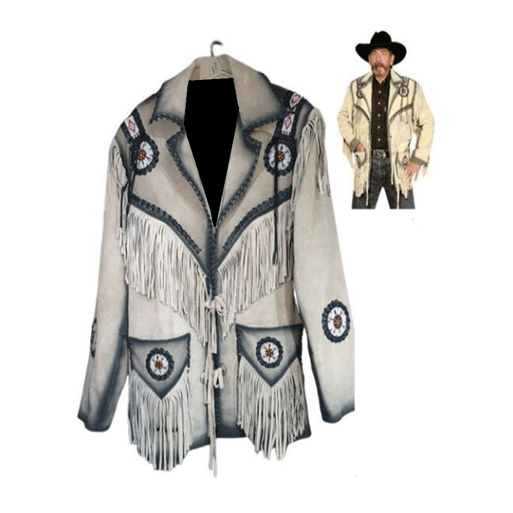 Men's Western Beige Leather Fringes Beaded Jacket MWJ886