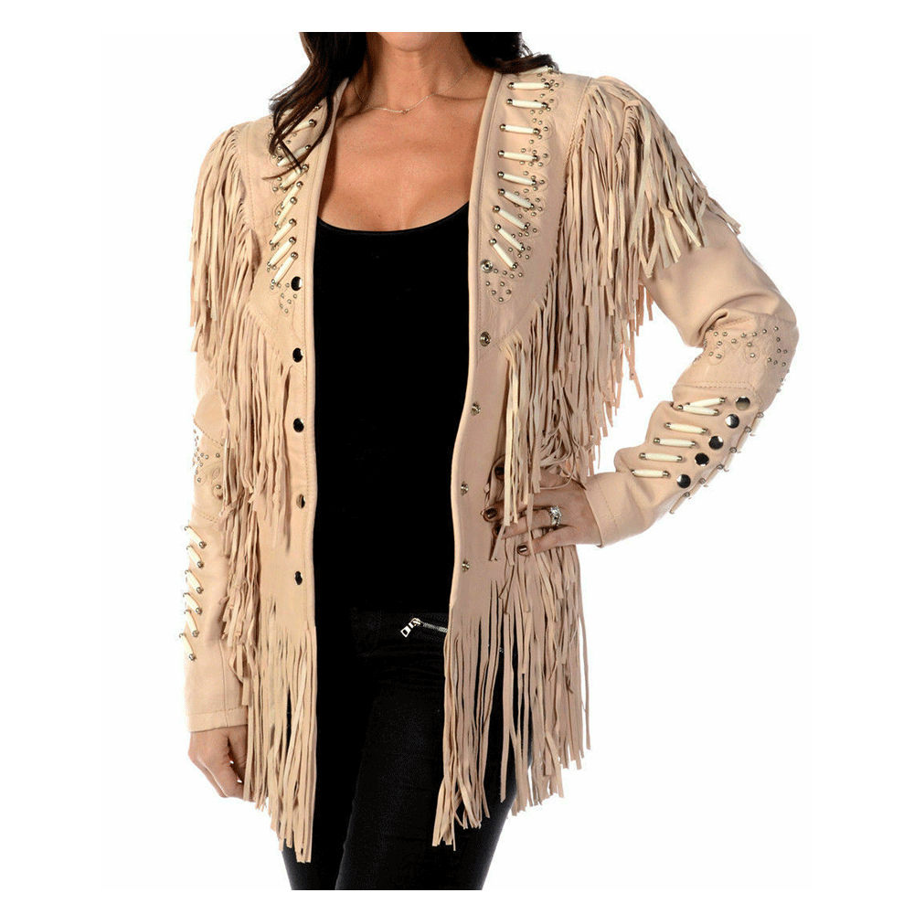 Cowgirl Beige Leather Fringes Bone & Silver Stud Jacket Coat WWJ726