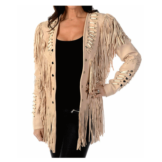 Cowgirl Beige Leather Fringes Bone & Silver Stud Jacket Coat WWJ726