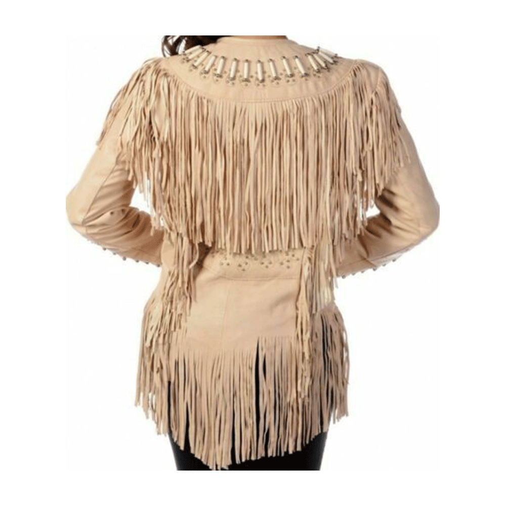 Cowgirl Beige Leather Fringes Bone & Silver Stud Jacket Coat WWJ726