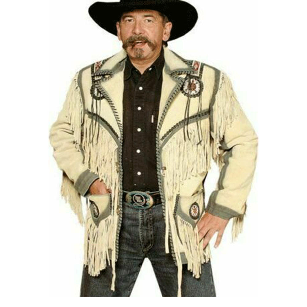 Men's Western Beige Leather Fringes Beaded Jacket MWJ886