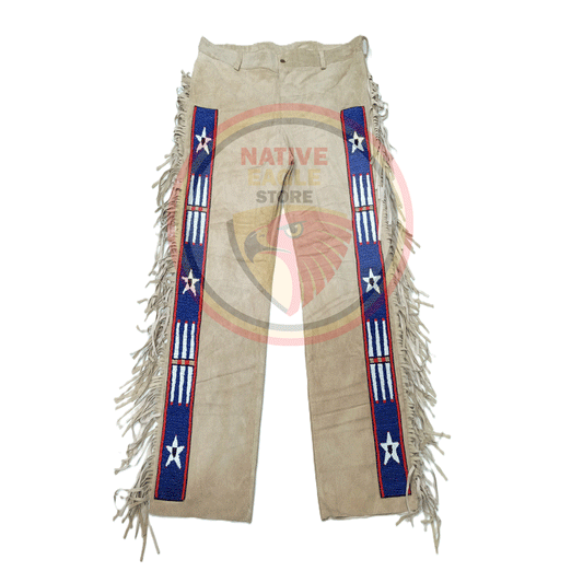 Native Men's Beige Buckskin Suede Leather Fringe Star Beaded Pants Powwow Pants NBP327