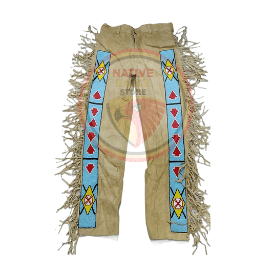 Native Men's Beige Buckskin Suede Leather Fringe Beaded Pants Powwow Pants NBP238