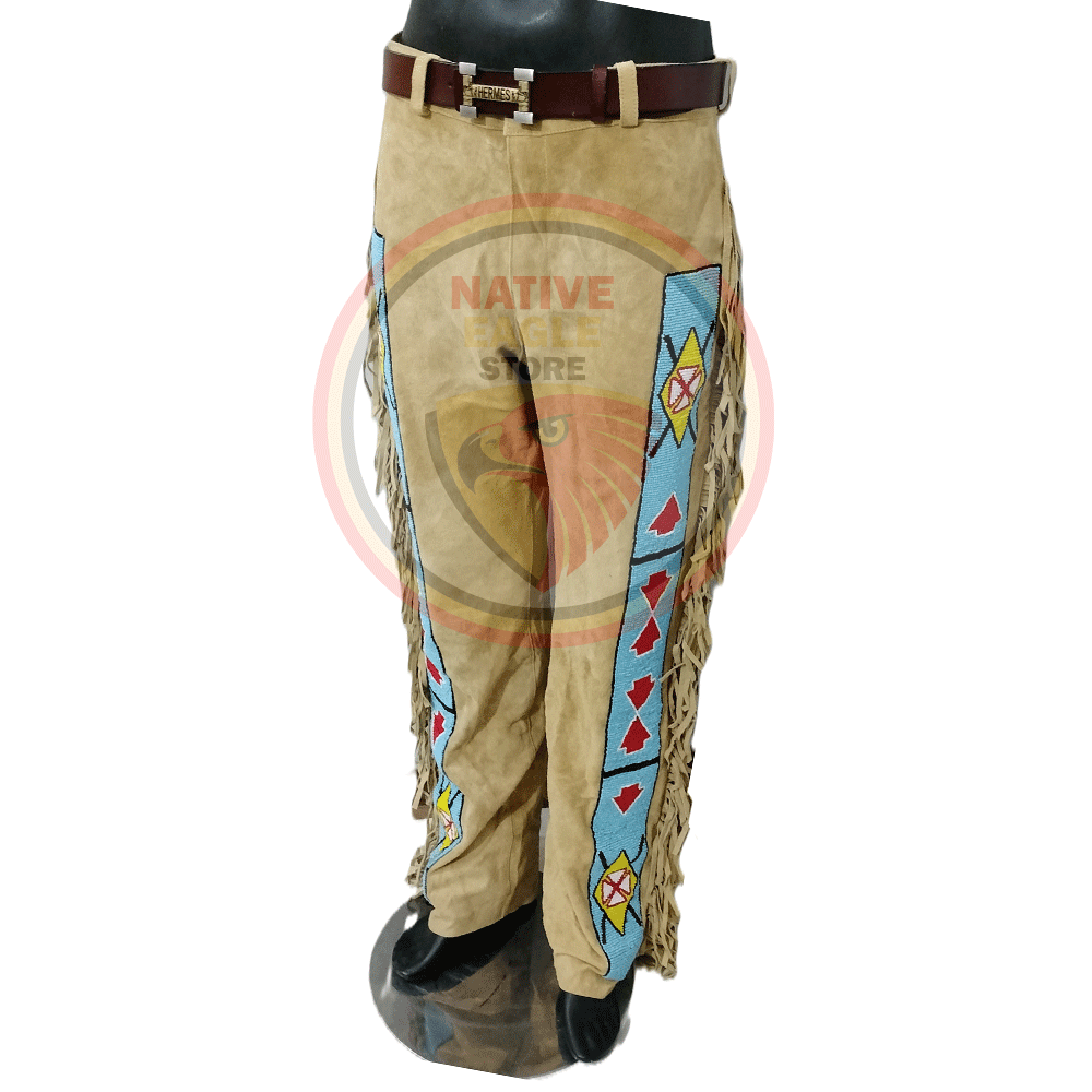 Native Men's Beige Buckskin Suede Leather Fringe Beaded Pants Powwow Pants NBP238