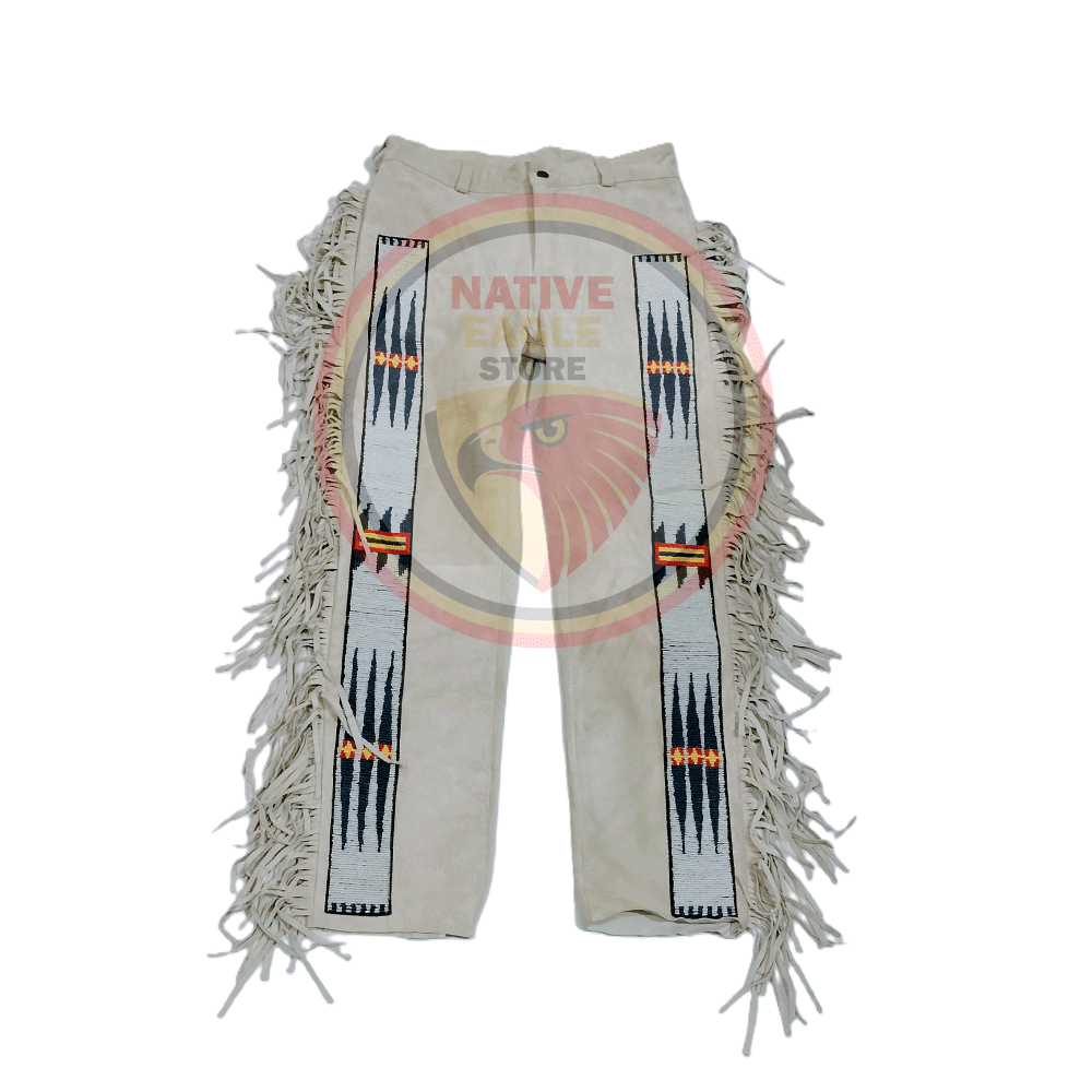 Native Men's Beige Buckskin Suede Leather Fringe Beaded Pants Powwow Pants NBP239