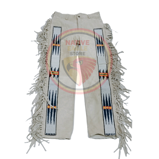 Native Men's Beige Buckskin Suede Leather Fringe Beaded Pants Powwow Pants NBP239
