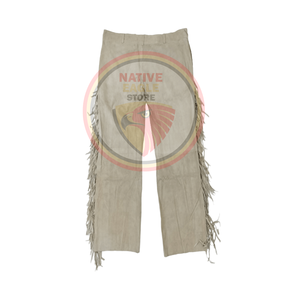 Native Men's Beige Buckskin Suede Leather Fringe Beaded Pants Powwow Black Foot Pants NBP157