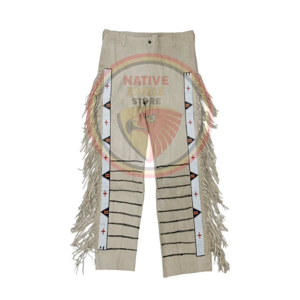 Native Men's Beige Buckskin Suede Leather Fringe Beaded Pants Powwow Black Foot Pants NBP157