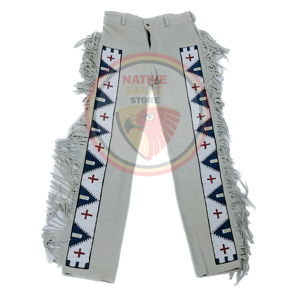 Native Men's Beige Buckskin Suede Leather Fringe Beaded Pants Powwow Pants NBP120