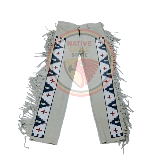 Native Men's Beige Buckskin Suede Leather Fringe Beaded Pants Powwow Pants NBP120