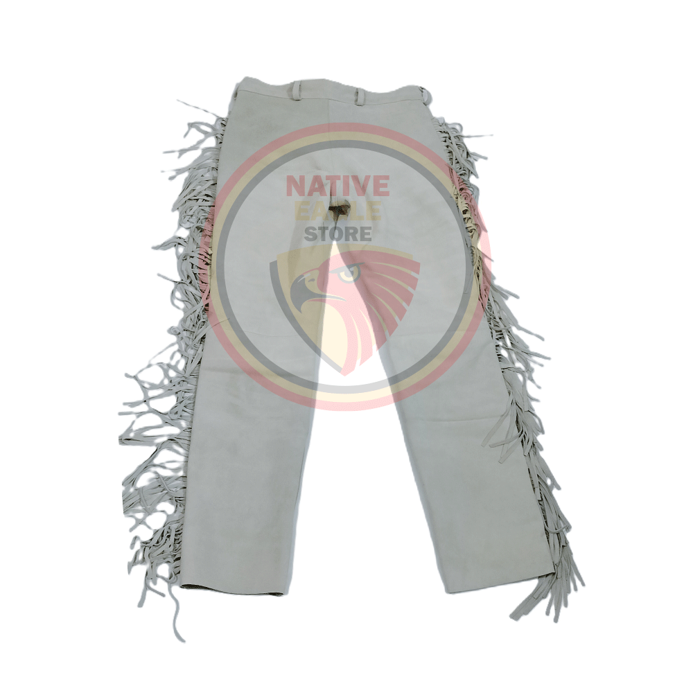 Native Men's Beige Buckskin Suede Leather Fringe Beaded Pants Powwow Pants NBP120
