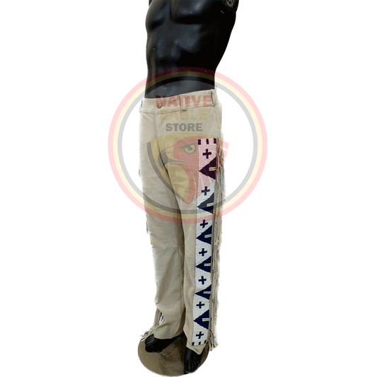 Native Men's Beige Buckskin Suede Leather Fringe Beaded Pants Powwow Pants NBP121