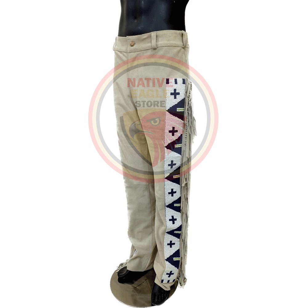Native Men's Beige Buckskin Suede Leather Fringe Beaded Pants Powwow Pants NBP121