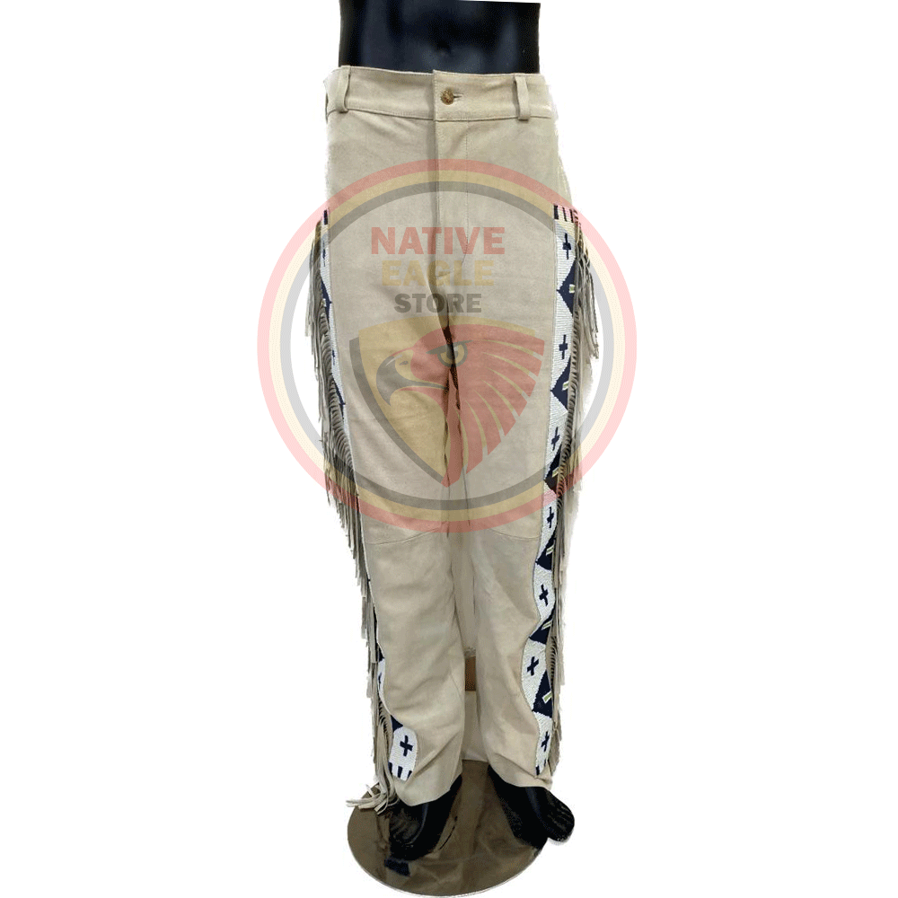 Native Men's Beige Buckskin Suede Leather Fringe Beaded Pants Powwow Pants NBP121