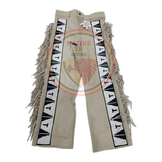 Native Men's Beige Buckskin Suede Leather Fringe Beaded Pants Powwow Pants NBP127