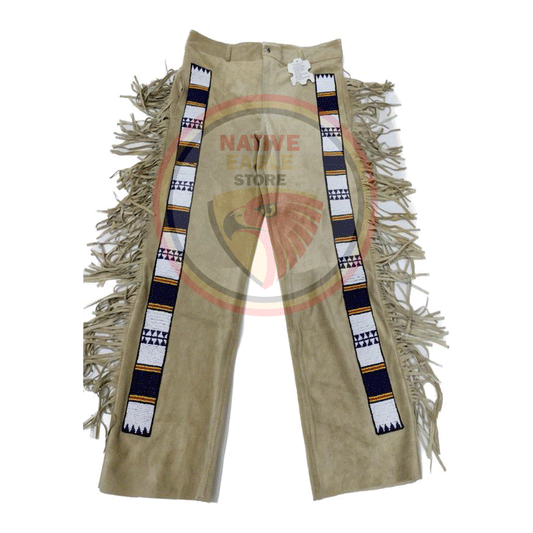 Native Men's Beige Buckskin Suede Leather Fringe Beaded Pants Powwow Pants NBP236