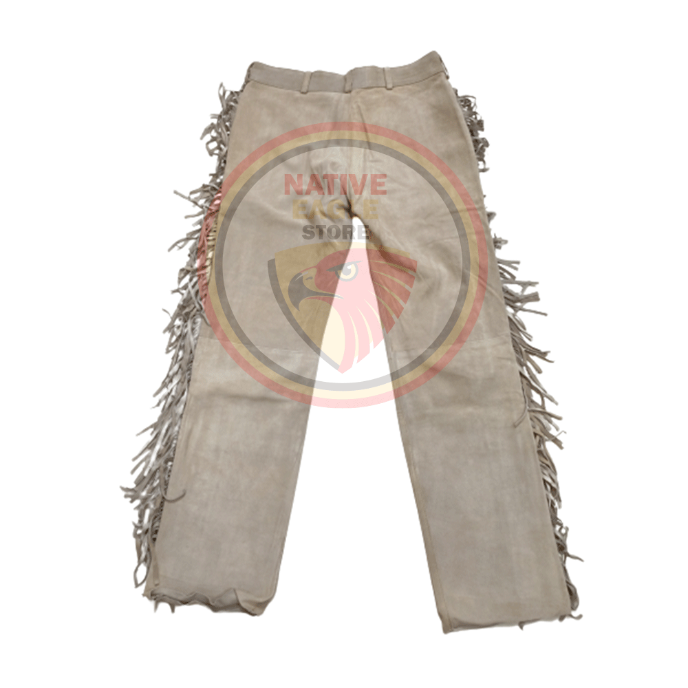 Native Men's Beige Buckskin Suede Leather Fringe Beaded Pants Powwow Pants NBP130