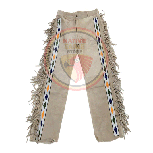 Native Men's Beige Buckskin Suede Leather Fringe Beaded Pants Powwow Pants NBP130
