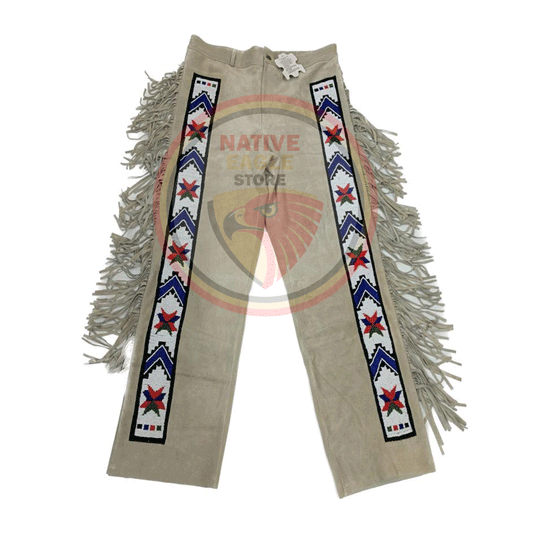 Native Men's Beige Buckskin Suede Leather Fringe Beaded Pants Powwow Pants NBP165