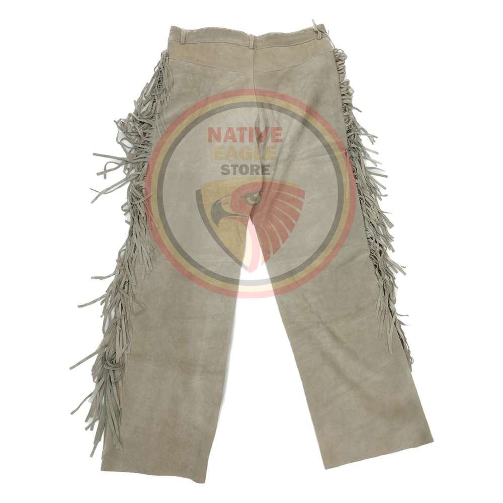 Native Men's Beige Buckskin Suede Leather Fringe Beaded Pants Powwow Pants NBP165