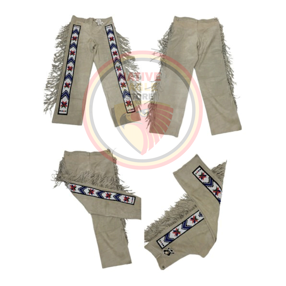 Native Men's Beige Buckskin Suede Leather Fringe Beaded Pants Powwow Pants NBP165