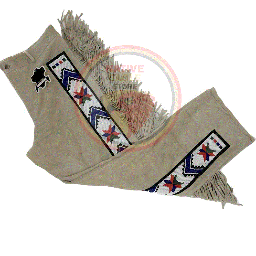 Native Men's Beige Buckskin Suede Leather Fringe Beaded Pants Powwow Pants NBP165