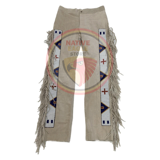 Native Men's Beige Buckskin Suede Leather Fringe Beaded Pants Powwow Pants NBP132
