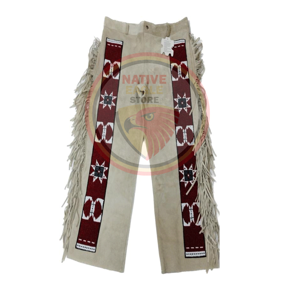Native Men's Beige Buckskin Suede Leather Fringe Beaded Pants Powwow Pants NBP302