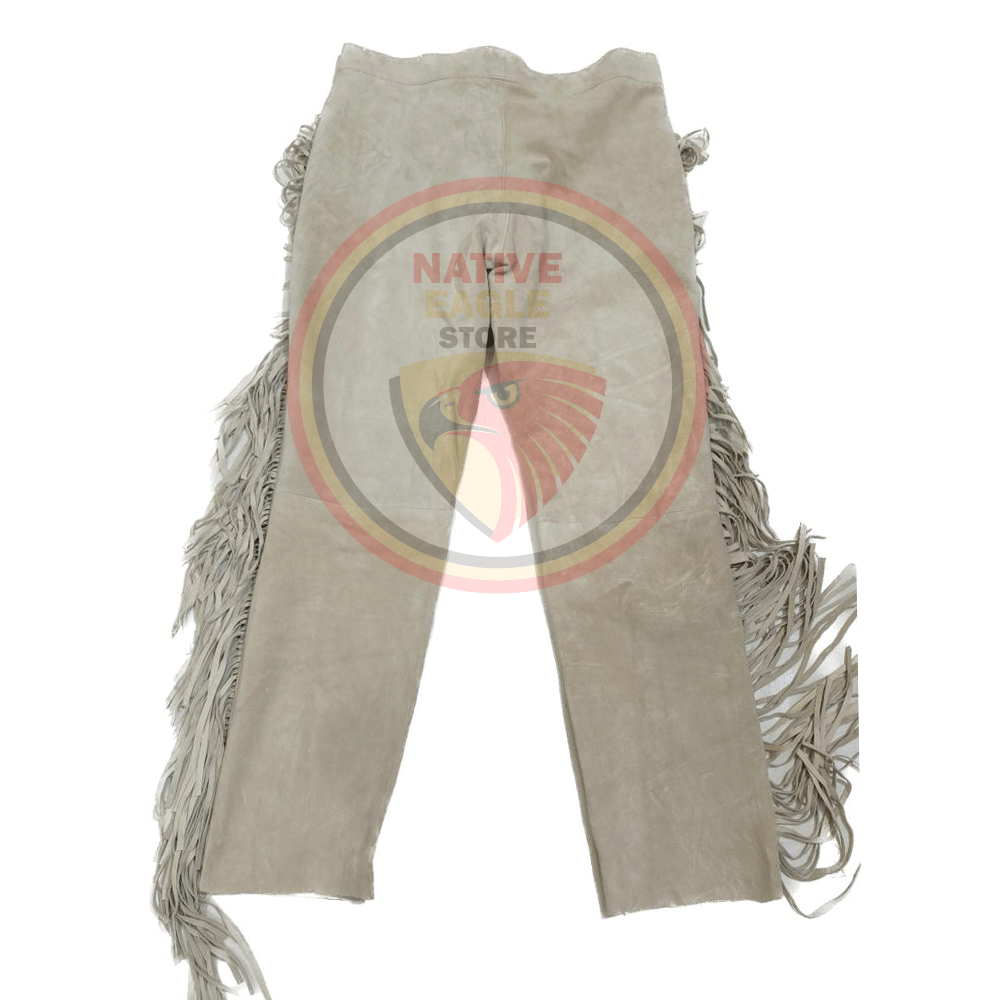 Native Men's Beige Buckskin Suede Leather Fringe Beaded Pants Powwow Pants NBP205
