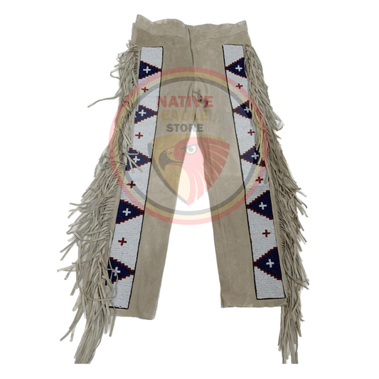 Native Men's Beige Buckskin Suede Leather Fringe Beaded Pants Powwow Pants NBP205