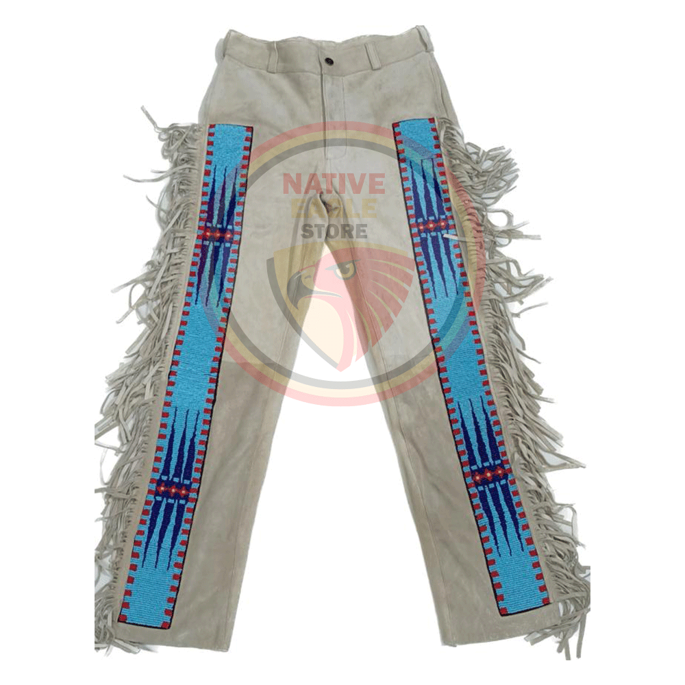 Native Men's Beige Buckskin Suede Leather Fringe Beaded Pants Powwow Pants NBP265