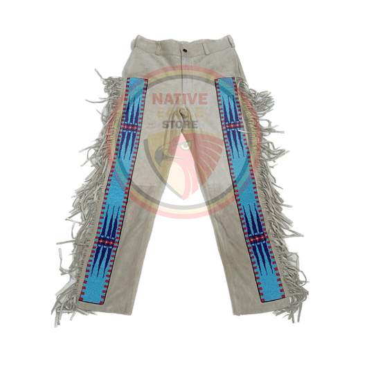 Native Men's Beige Buckskin Suede Leather Fringe Beaded Pants Powwow Pants NBP265