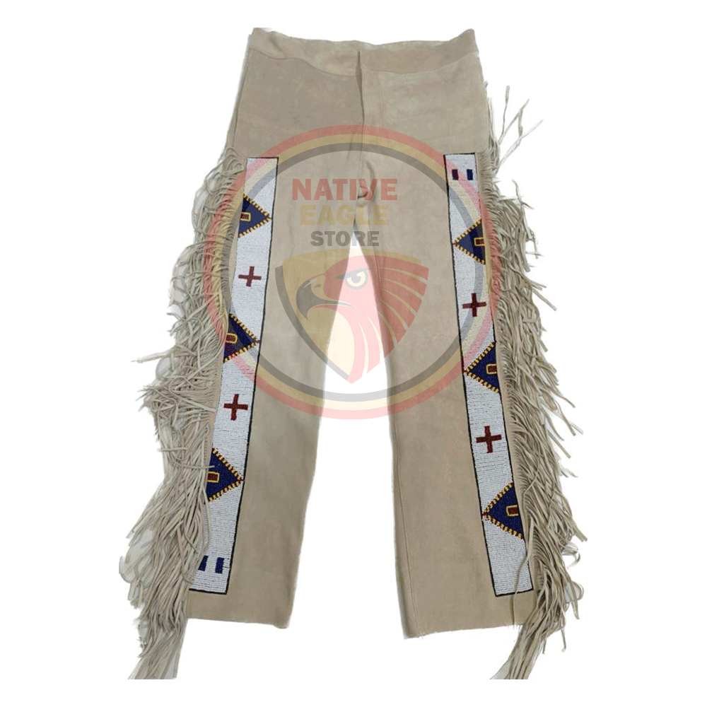 Native Men's Beige Buckskin Suede Leather Fringe Beaded Pants Powwow Pants NBP132