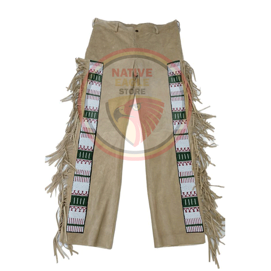 Native Men's Beige Buckskin Suede Leather Fringe Beaded Pants Powwow Pants NBP141